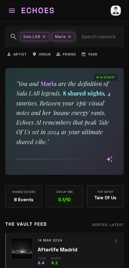 Pantalla del Memory Vault de Echoes con el resumen generado con IA