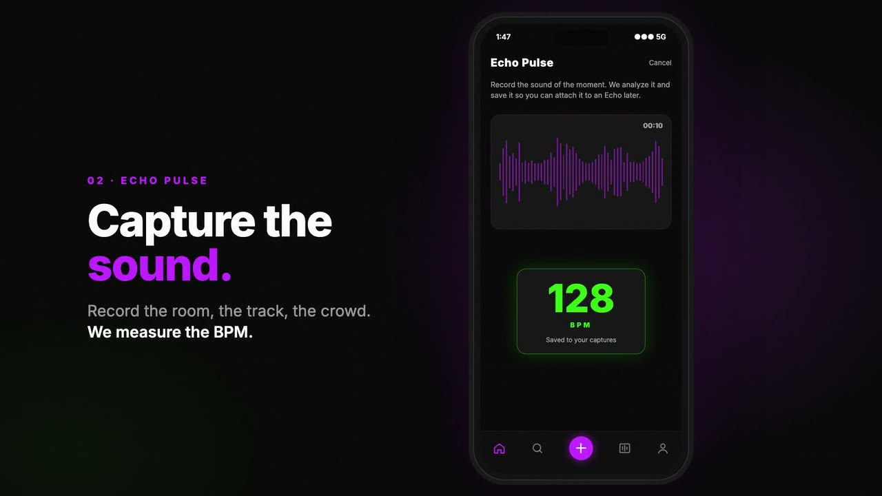 Pantalla Echo Pulse de la app Echoes con una onda de audio y el resultado de 128 BPM