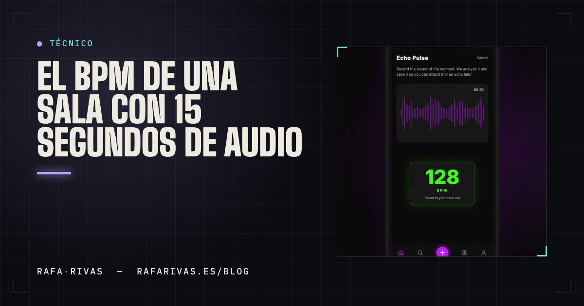Portada: el BPM de una sala con 15 segundos de audio, con la pantalla Echo Pulse de Echoes marcando 128 BPM