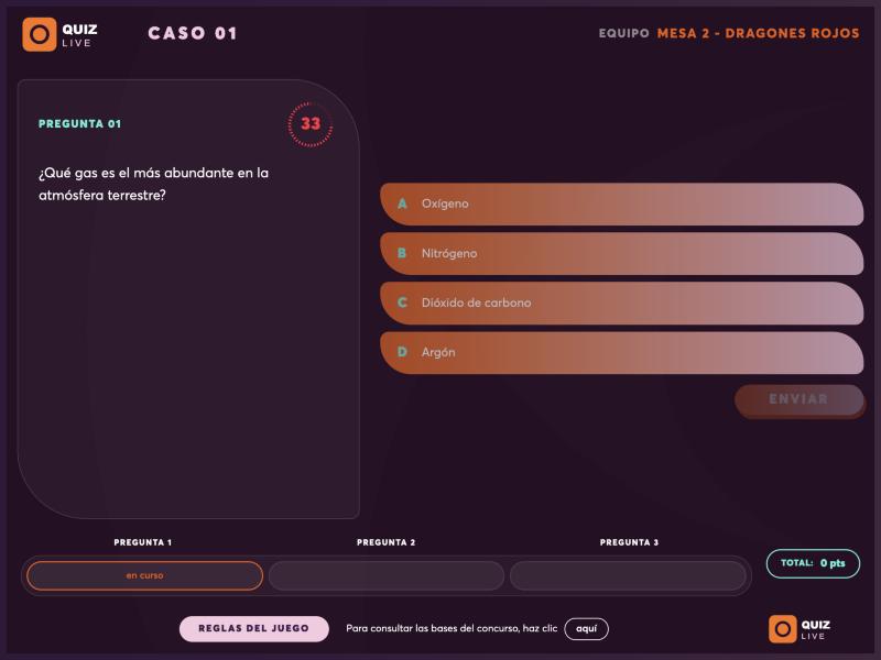 Pantalla de pregunta de un quiz por equipos con cuenta atr&aacute;s y cuatro opciones